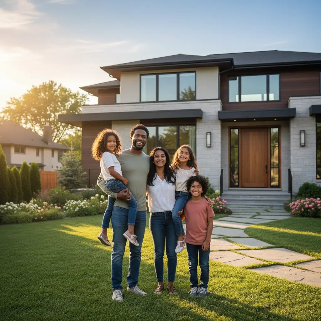 Happy homeowners in front of their home